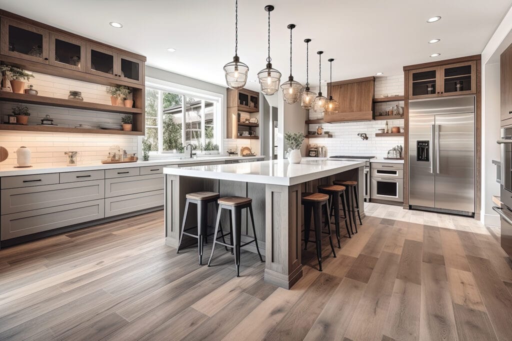 Tile flooring in a large luxury kitchen with an island by Flooring 101 in Oxnard, CA - Ventura, CA - Bakersfield, CA - Goleta, CA - Thousand Oaks, CA - Santa Maria, CA - Simi Valley, CA.
