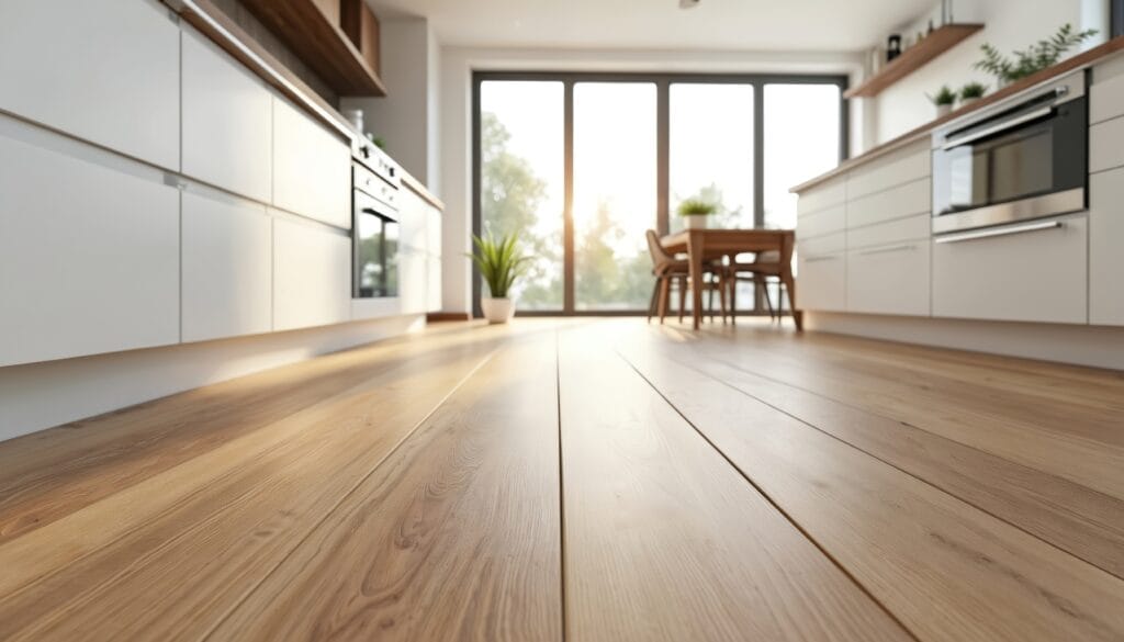 Low angle view of modern white kitchen with natural oak laminate floor.