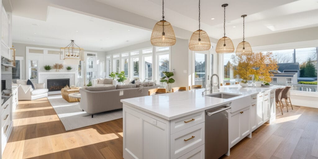 Luxurious new home with wide plank hardwood floors, two farmhouse sinks, and white cabinets in the kitchen.