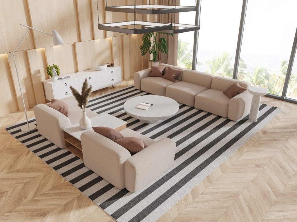 light colored herringbone hardwood in sun-drenched living room