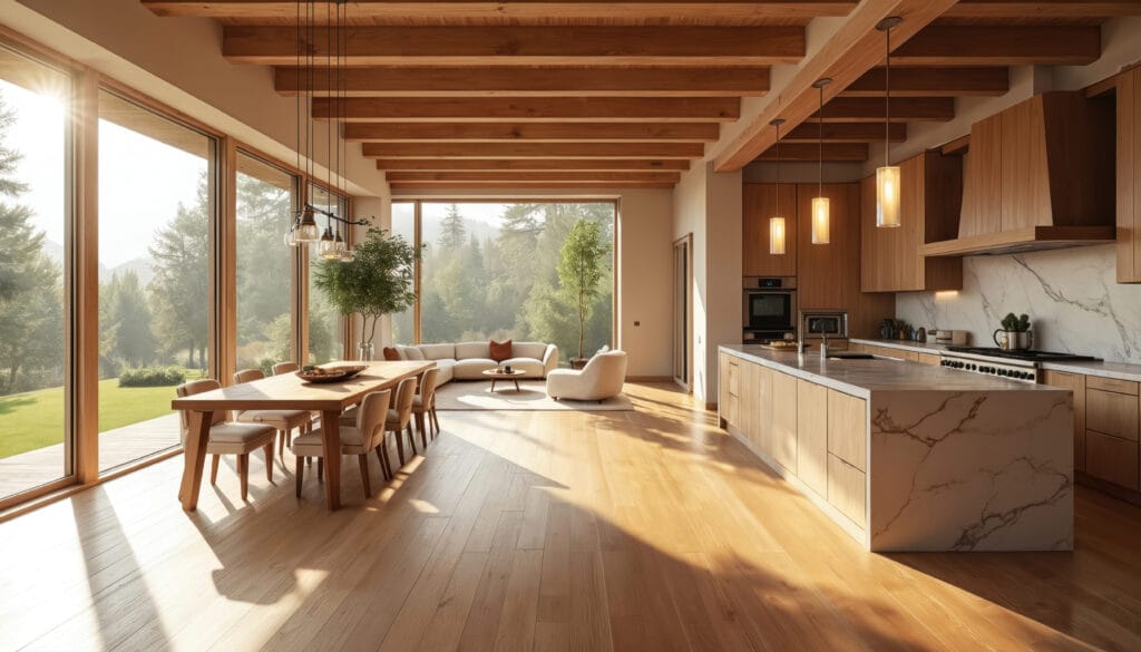 matte hardwood flooring in open concept living space with several windows