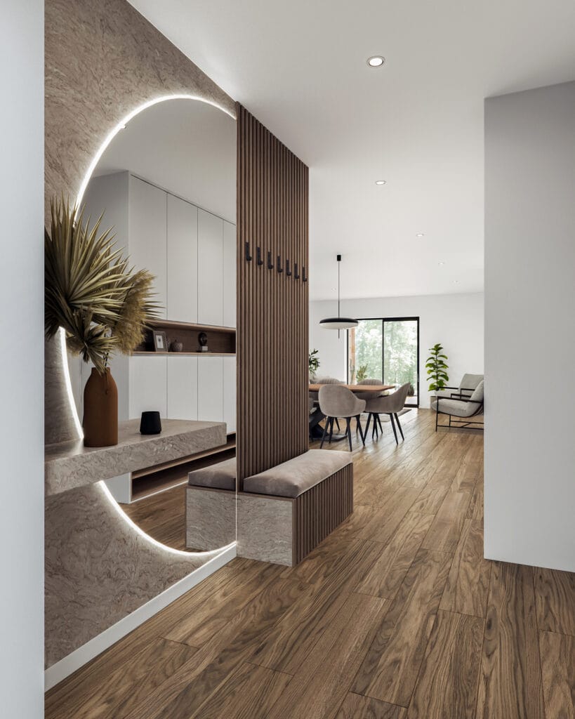 textured hardwood flooring in hallway with mirror