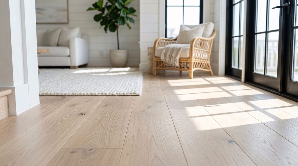 low-sheen wide-plank laminate flooring in living room with large windows