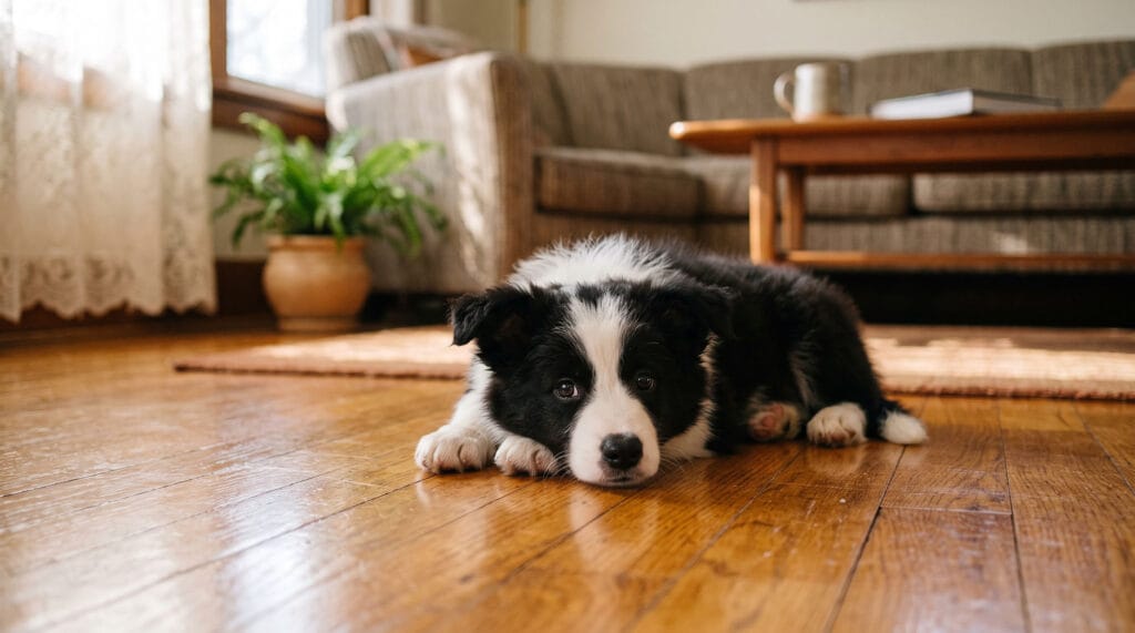 border collie dog laying down on hardwood flooring