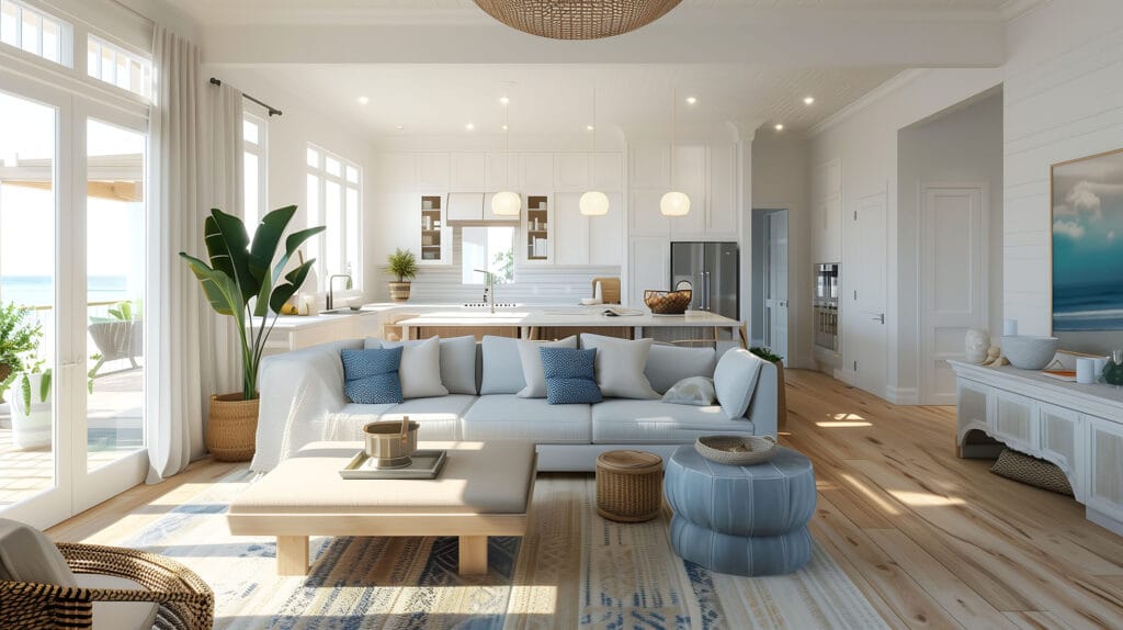 hardwood flooring in coastal style living room with patio doors and hallway
