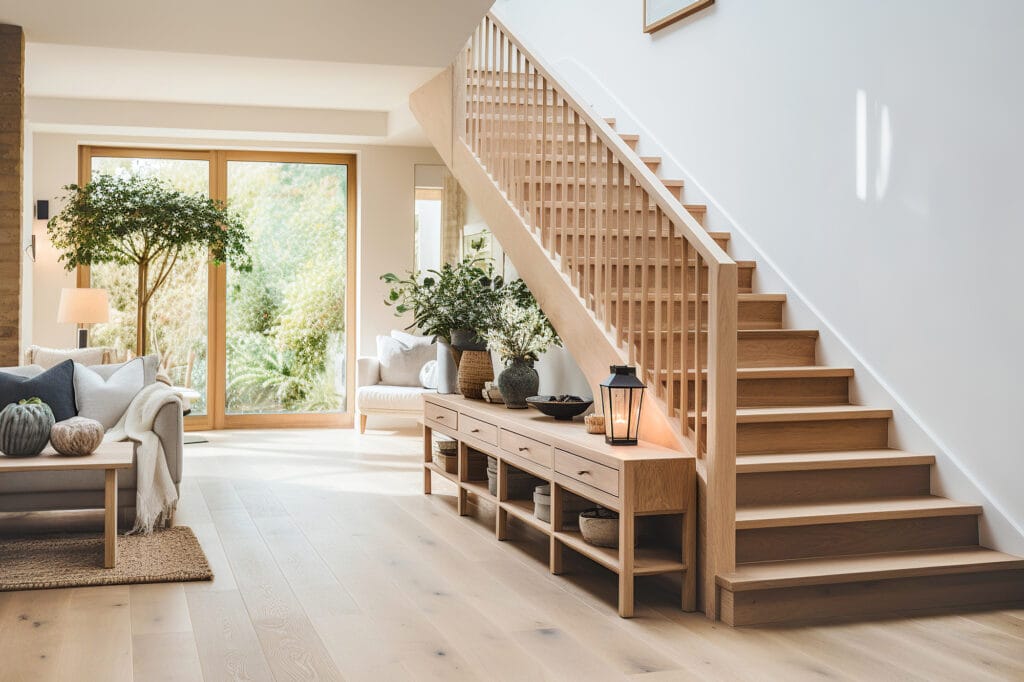 matte hardwood flooring on stairs and walk way between stairs and living room