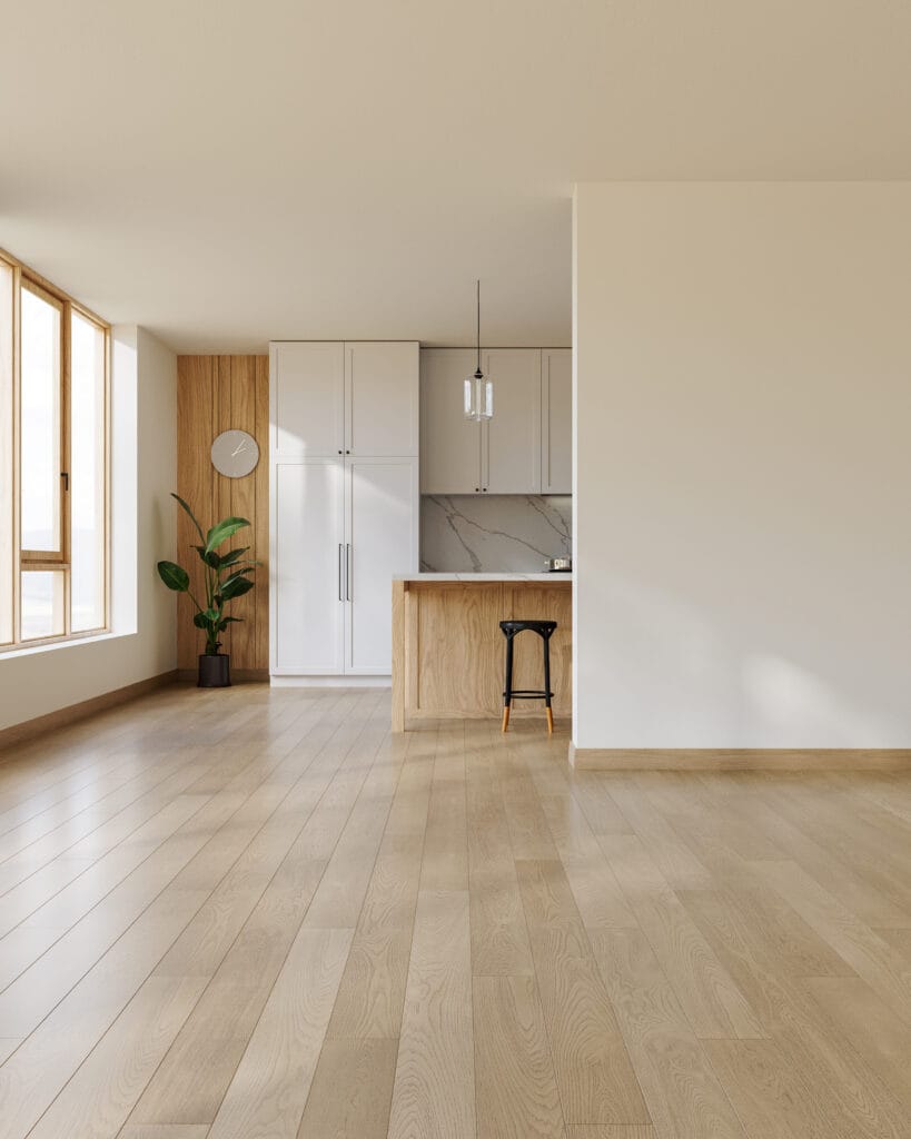 Laminate in modern living space and kitchen area with natural light.